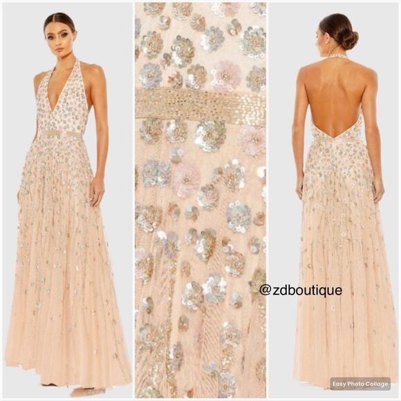 Mac Duggal 5654  Womens Blush Halter Back Floral Embellished Gown Dresss - Picture 1 of 16